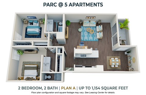 Floor plan for 2 beds, 2 baths, 1154 sqft